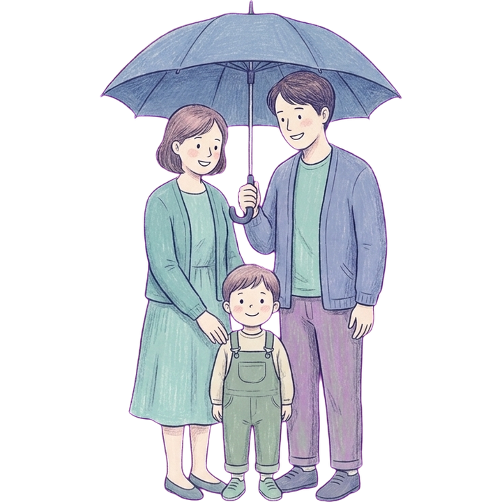 Illustration einer Familie unter einem schützenden Regenschirm