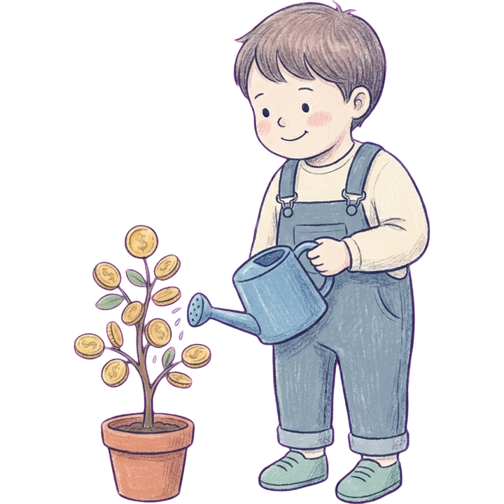 Illustration eines Kindes mit einem wachsenden Geldbaum